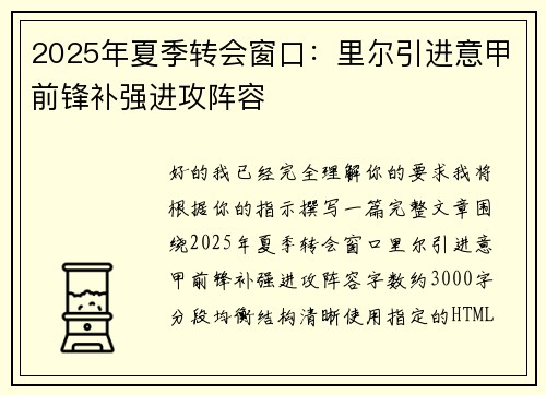 2025年夏季转会窗口：里尔引进意甲前锋补强进攻阵容
